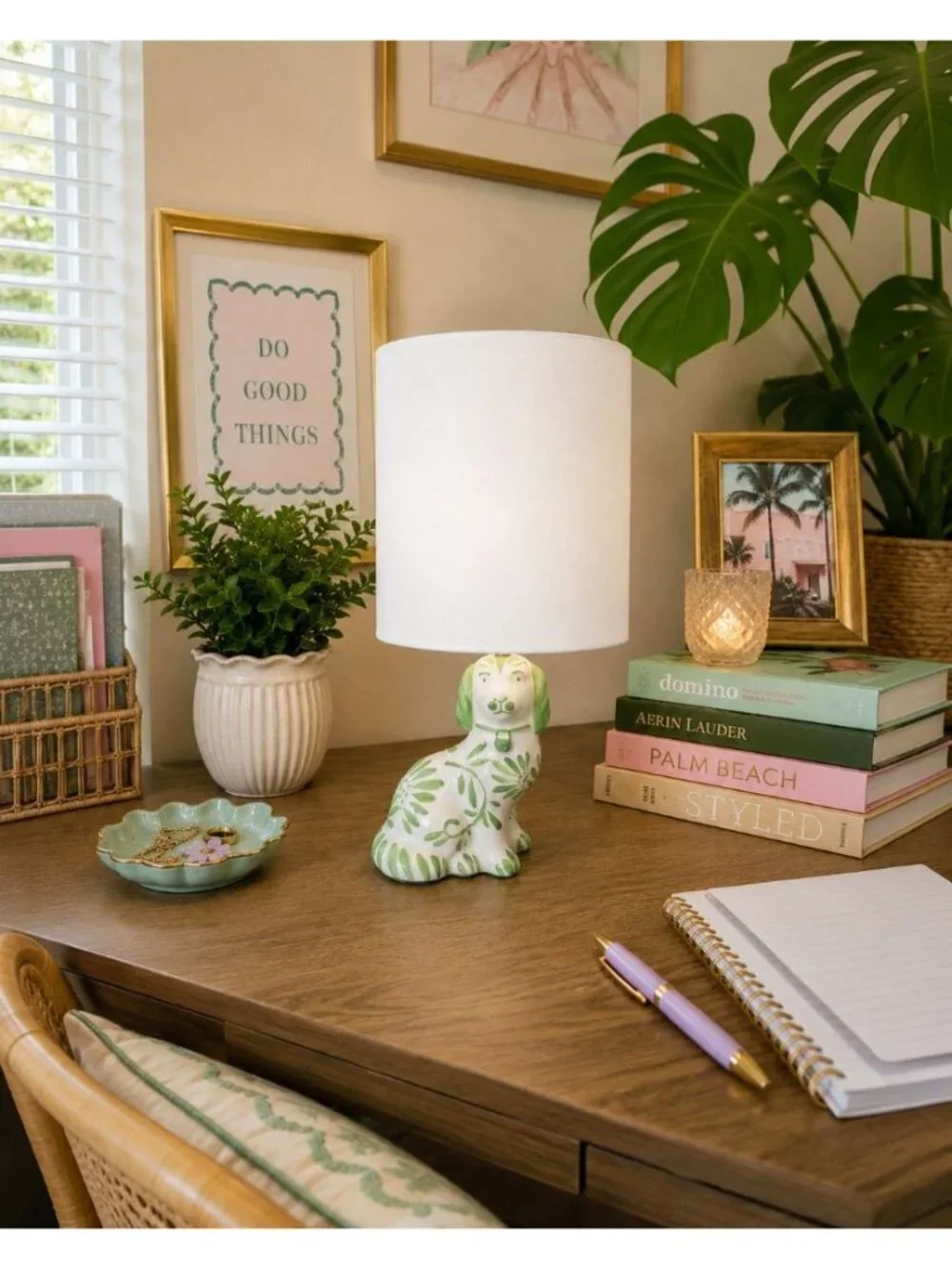 New Green & White Ceramic Dog Chinoiseriw Coastal Home Office Room Decor Lamp